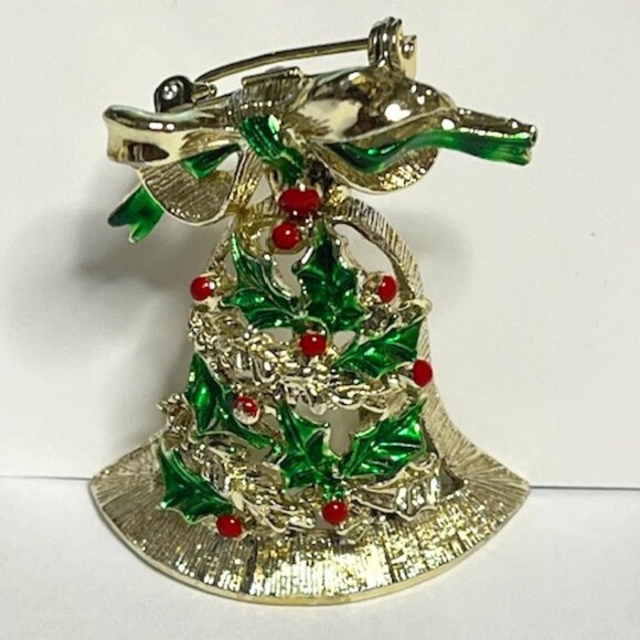 VTG Gerry's Christmas Holiday Bell Gold Tone Red Green Movable Bow Brooch Pin 2" - Picture 2 of 15